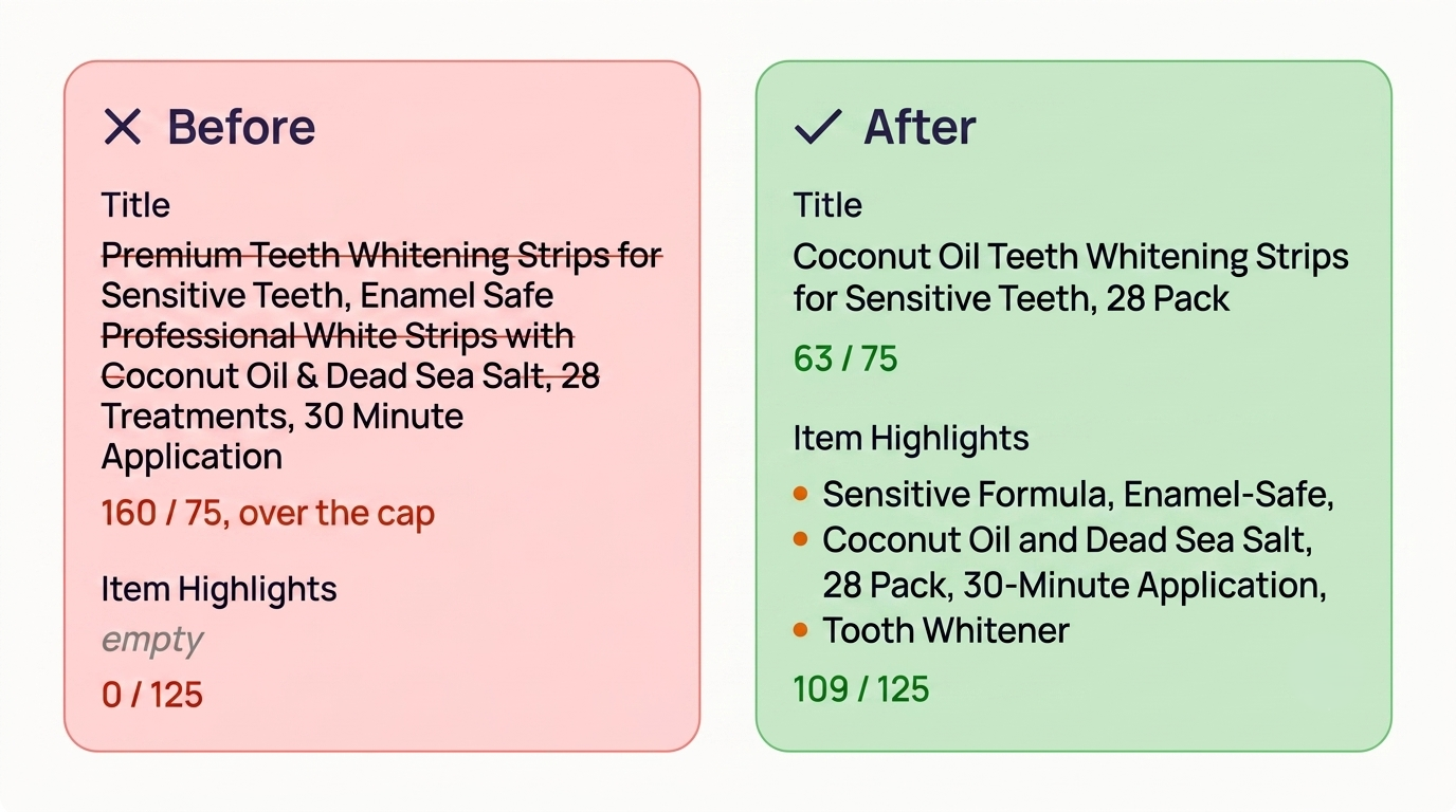 amazon 75 character title limit before and after example with item highlights