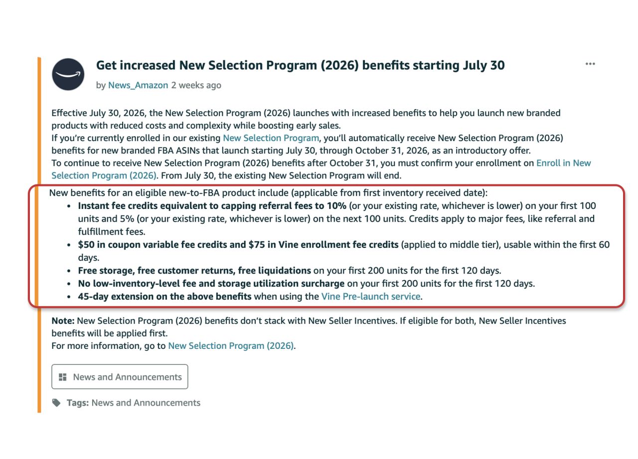 amazon new selection program 2026 official announcement benefits list