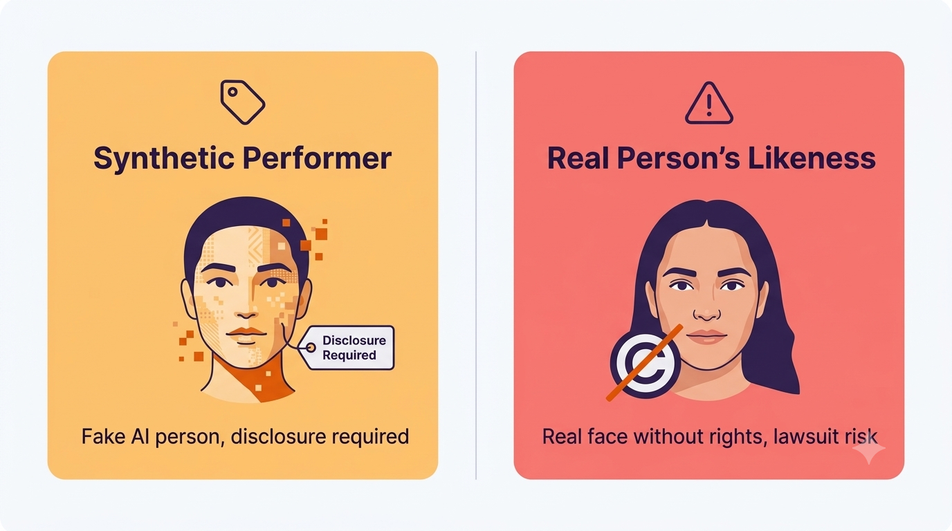 synthetic performer disclosure versus real person likeness risk for amazon sellers