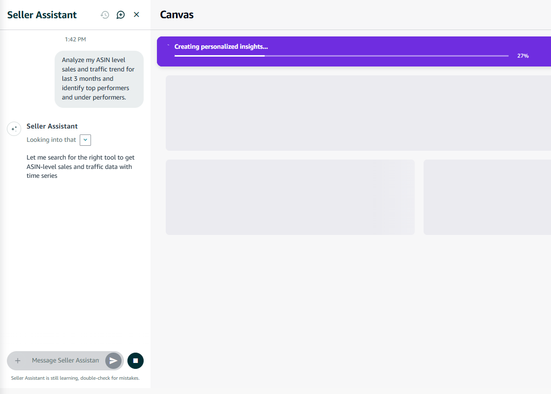 amazon canvas ai workspace in seller central with generated dashboard