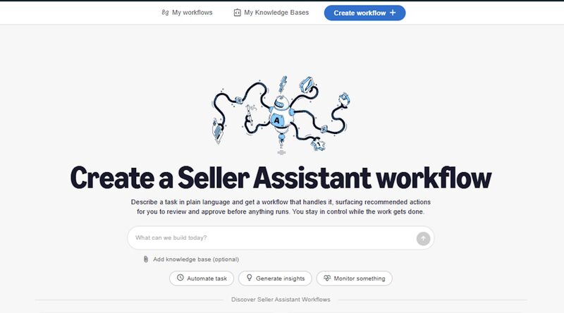 Amazon Seller Assistant Workflows screen in Seller Central showing a plain language task and the generated workflow steps