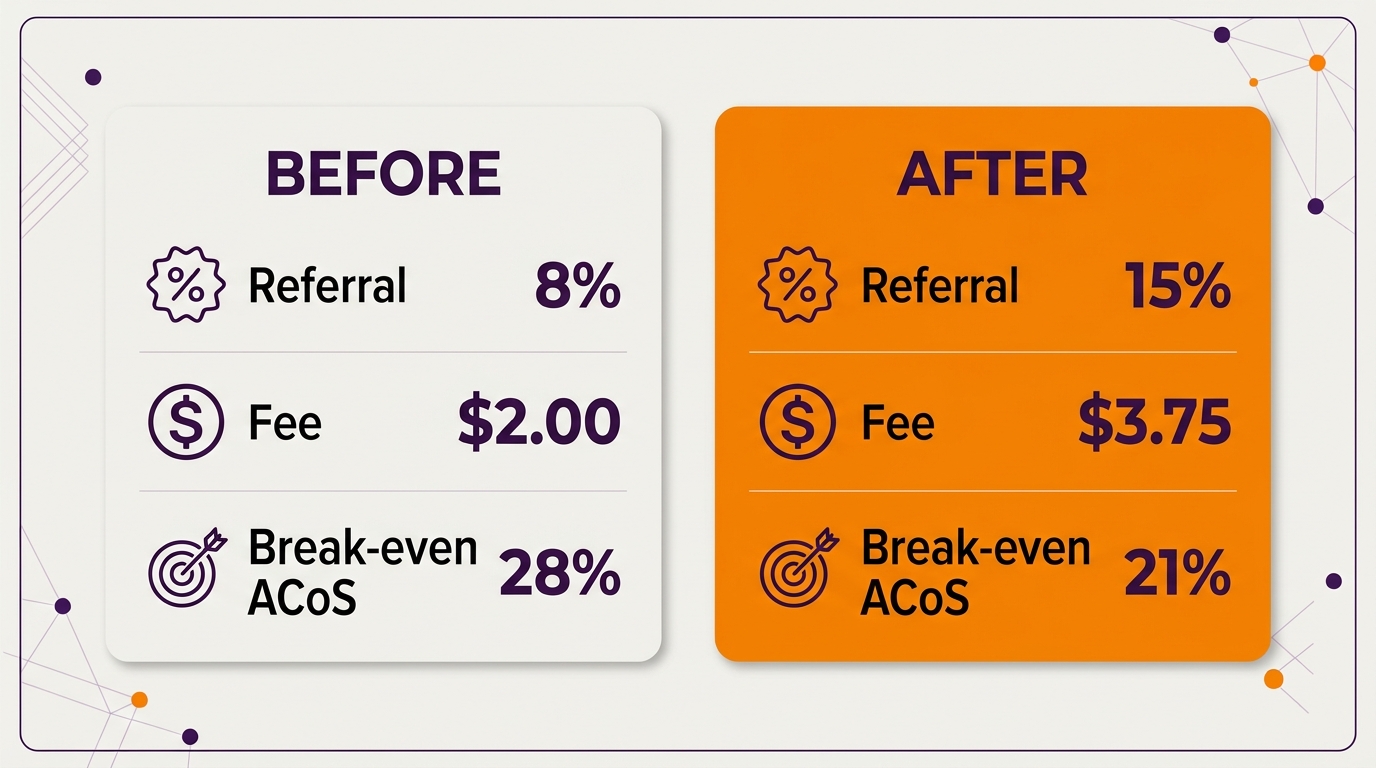 Amazon fee category change example showing referral fee rising and break-even ACoS falling for the same product